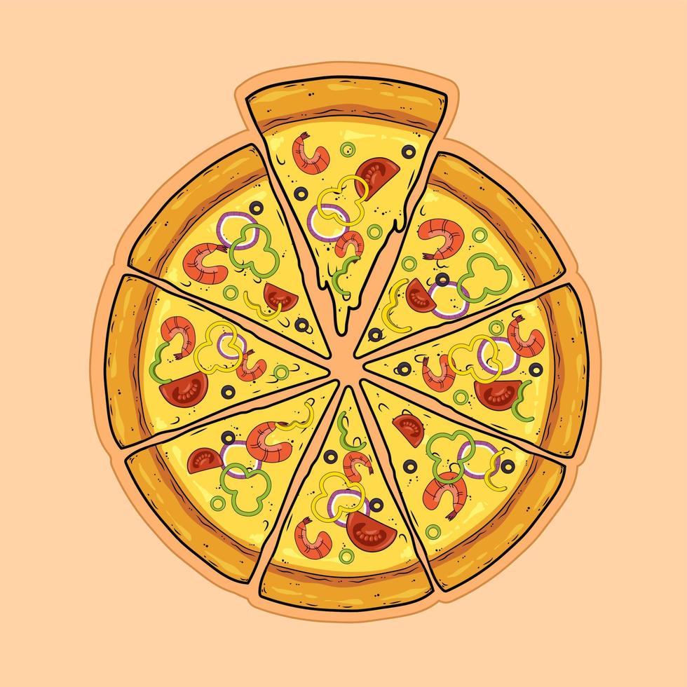 rebanadas de pizza con mariscos, camarones, tomates, pimientos, cebollas, aceitunas y queso. ilustración vectorial plana. vector