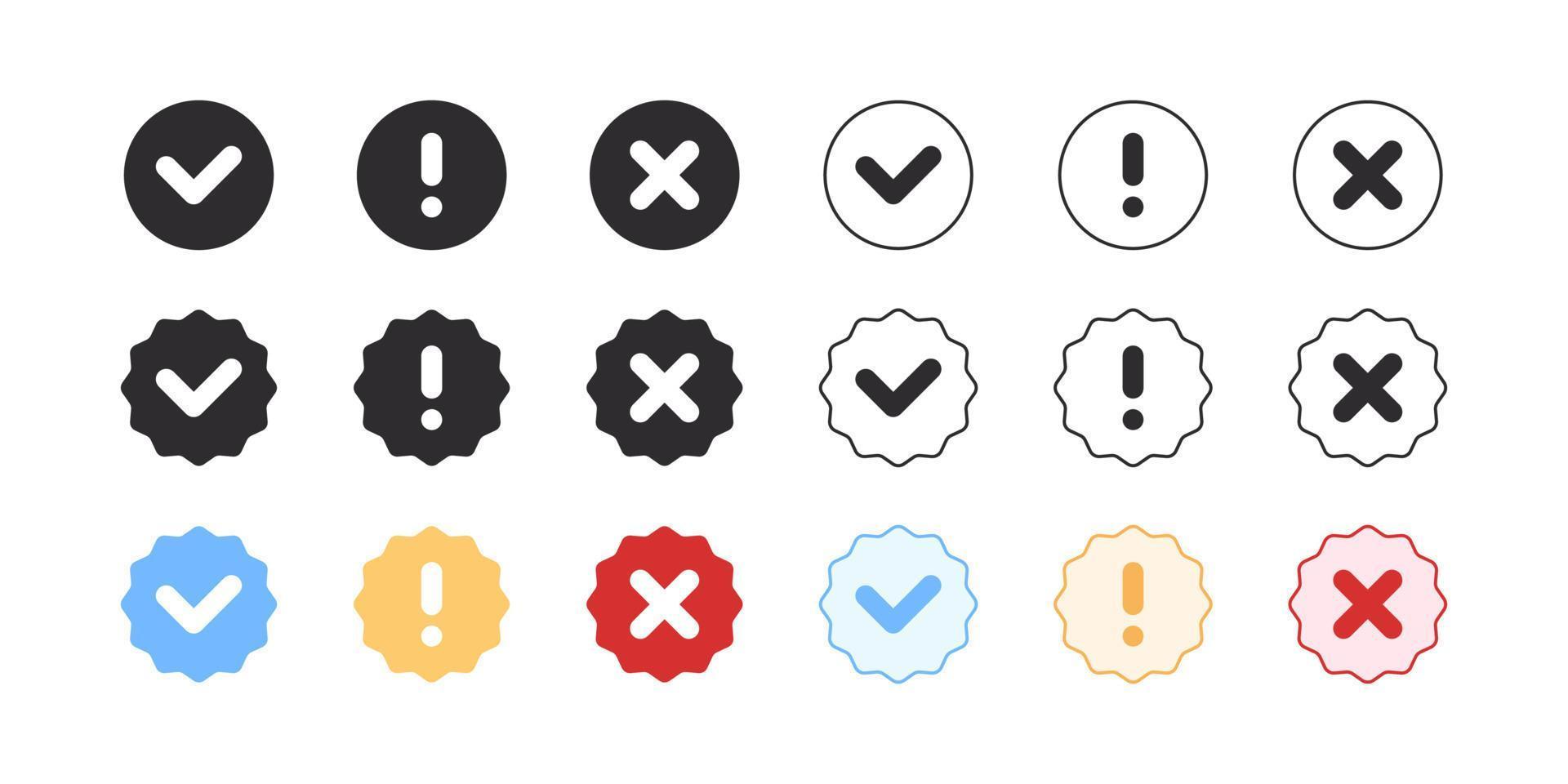 Check mark icons set. Blue check mark, exclamation point, cross mark icon. Vector illustration