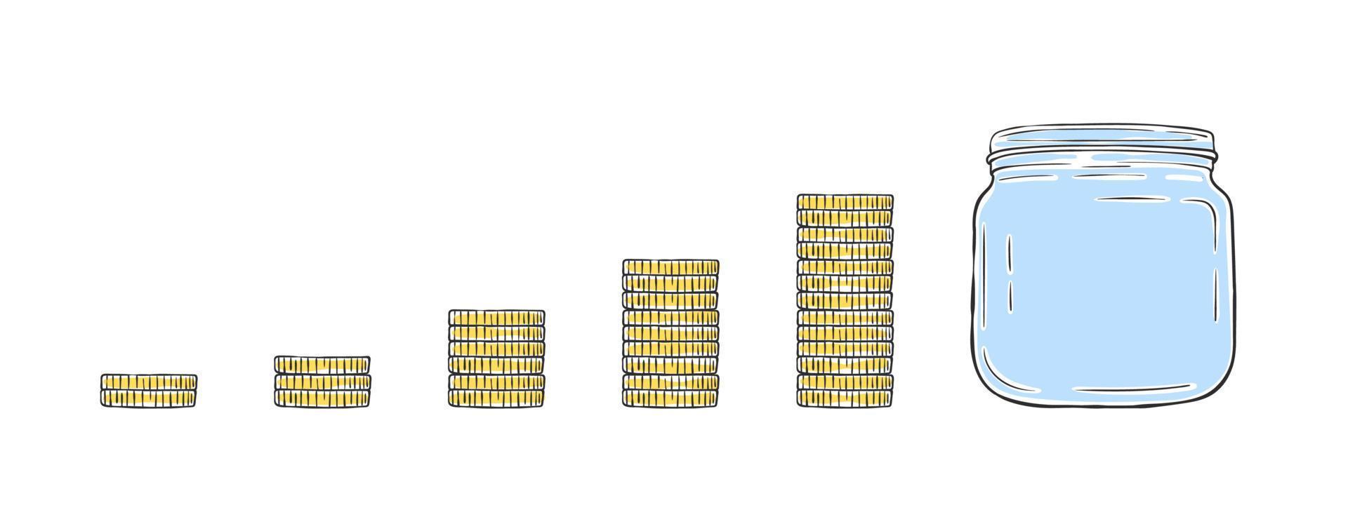 Jar and coins. Staircase of coins. Hand drawn image. Vector illustration