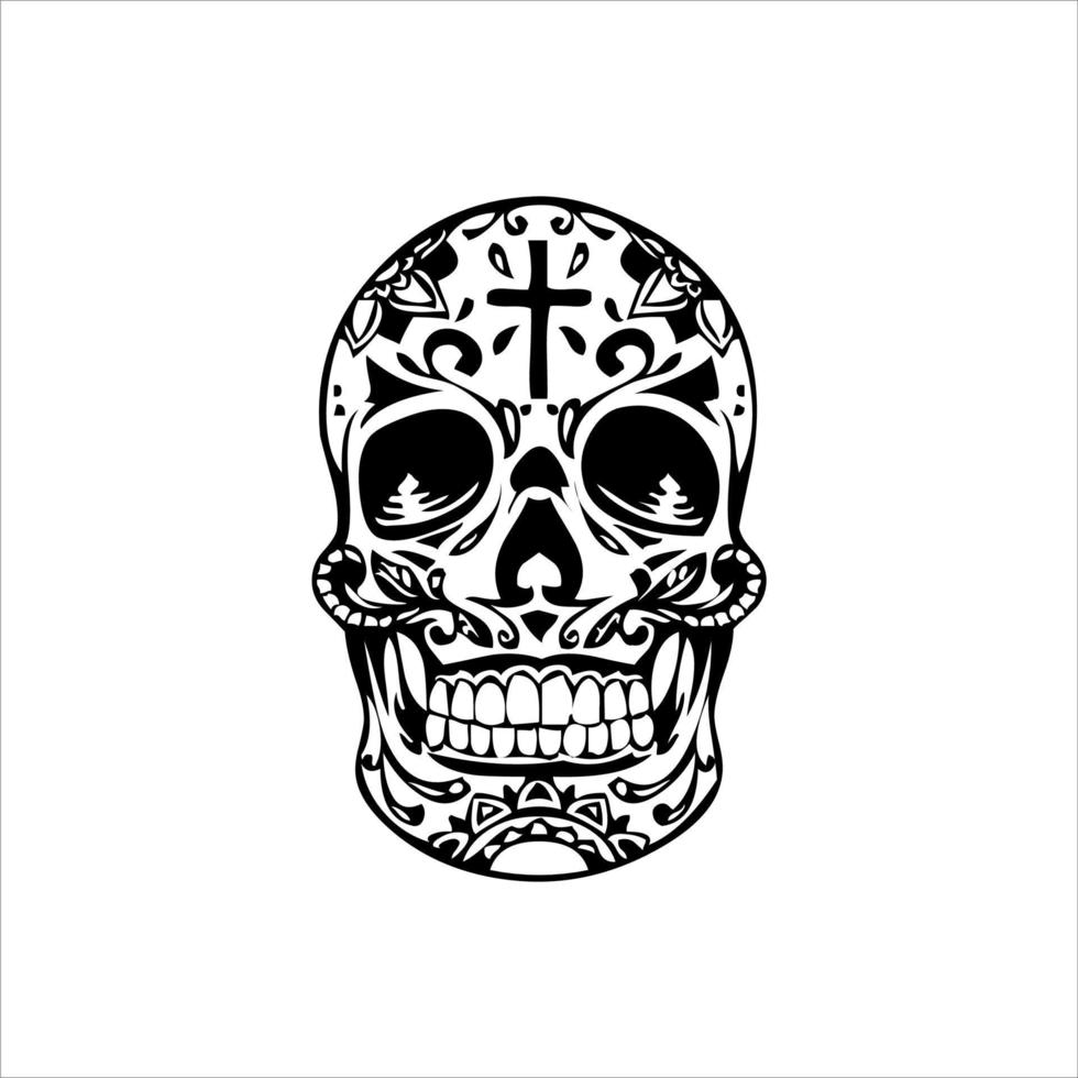 vector de cráneo mexicano con patrón. bosquejo del diseño del tatuaje del cráneo del estilo del tatuaje de la vieja escuela. ilustración en blanco y negro. ilustración de calavera mexicana