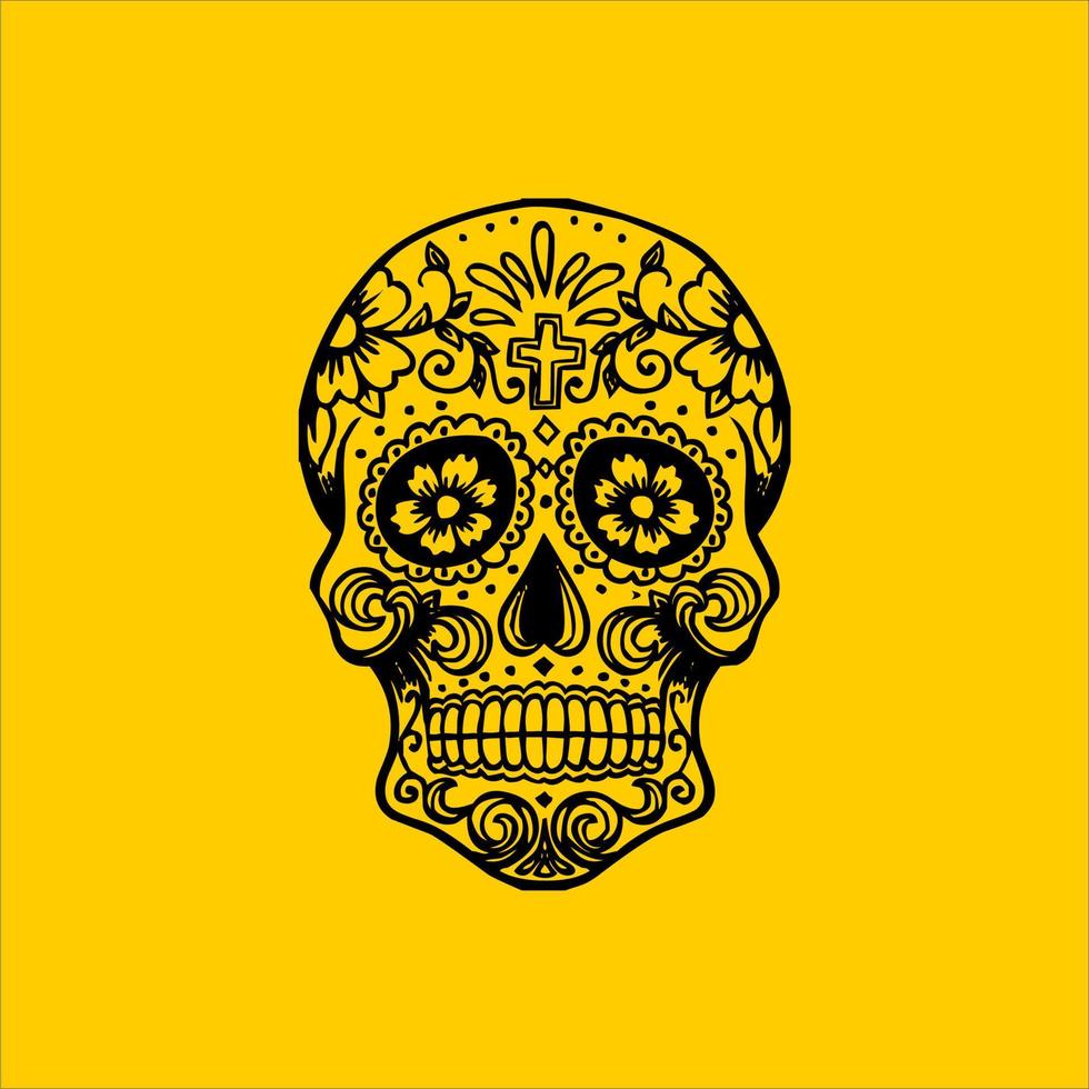 Mexican Skull Vector with Pattern. old school tattoo style Skull tattoo design sketch. Black and white illustration. mexican skull illustration