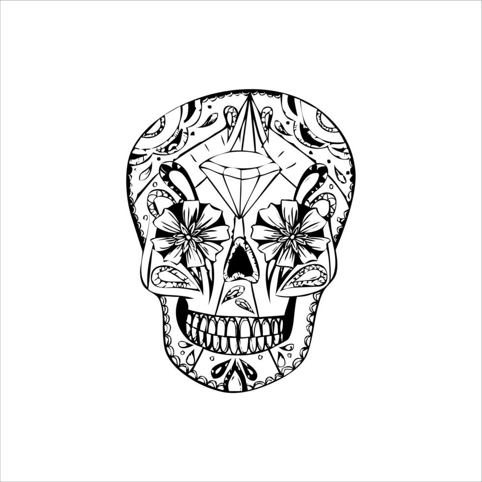 Mexican Skull Vector with Pattern. old school tattoo style Skull tattoo design sketch. Black and white illustration. mexican skull illustration