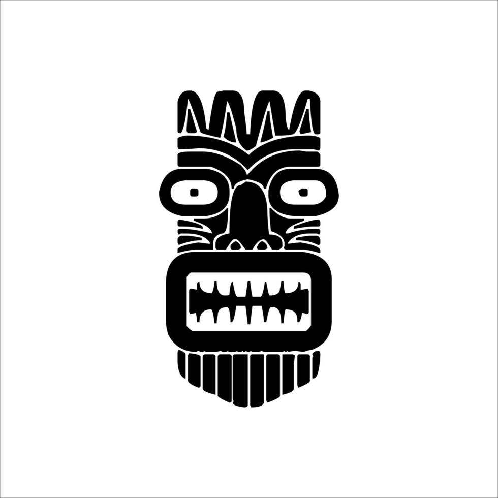 silueta del icono del ídolo tiki. ilustración simple de un ícono de ídolo tiki para diseño web aislado en un fondo blanco, máscara de madera tribal tiki, planta exótica tropical y tablero de bambú. Hawai tradicional vector