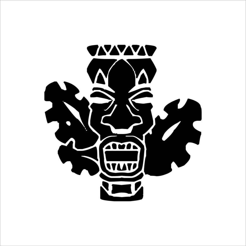 silueta del icono del ídolo tiki. ilustración simple de un ícono de ídolo tiki para diseño web aislado en un fondo blanco, máscara de madera tribal tiki, planta exótica tropical y tablero de bambú. Hawai tradicional vector