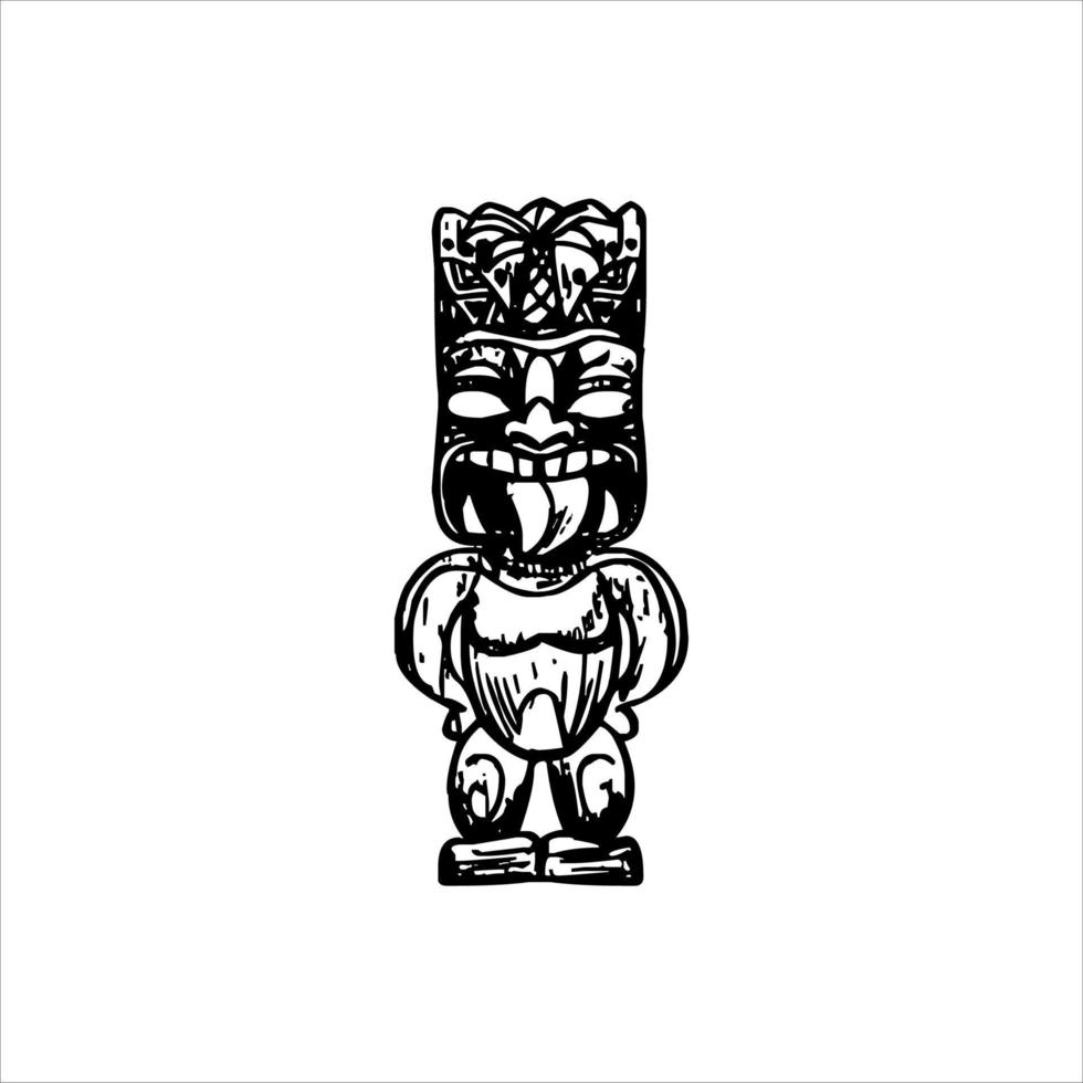 silueta del icono del ídolo tiki. ilustración simple de un ícono de ídolo tiki para diseño web aislado en un fondo blanco, máscara de madera tribal tiki, planta exótica tropical y tablero de bambú. Hawai tradicional vector