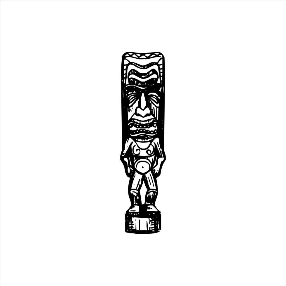 silueta del icono del ídolo tiki. ilustración simple de un ícono de ídolo tiki para diseño web aislado en un fondo blanco, máscara de madera tribal tiki, planta exótica tropical y tablero de bambú. Hawai tradicional vector