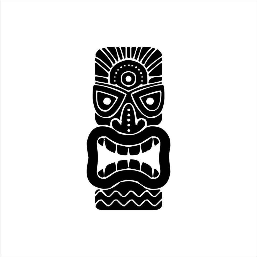 silueta del icono del ídolo tiki. ilustración simple de un ícono de ídolo tiki para diseño web aislado en un fondo blanco, máscara de madera tribal tiki, planta exótica tropical y tablero de bambú. Hawai tradicional vector