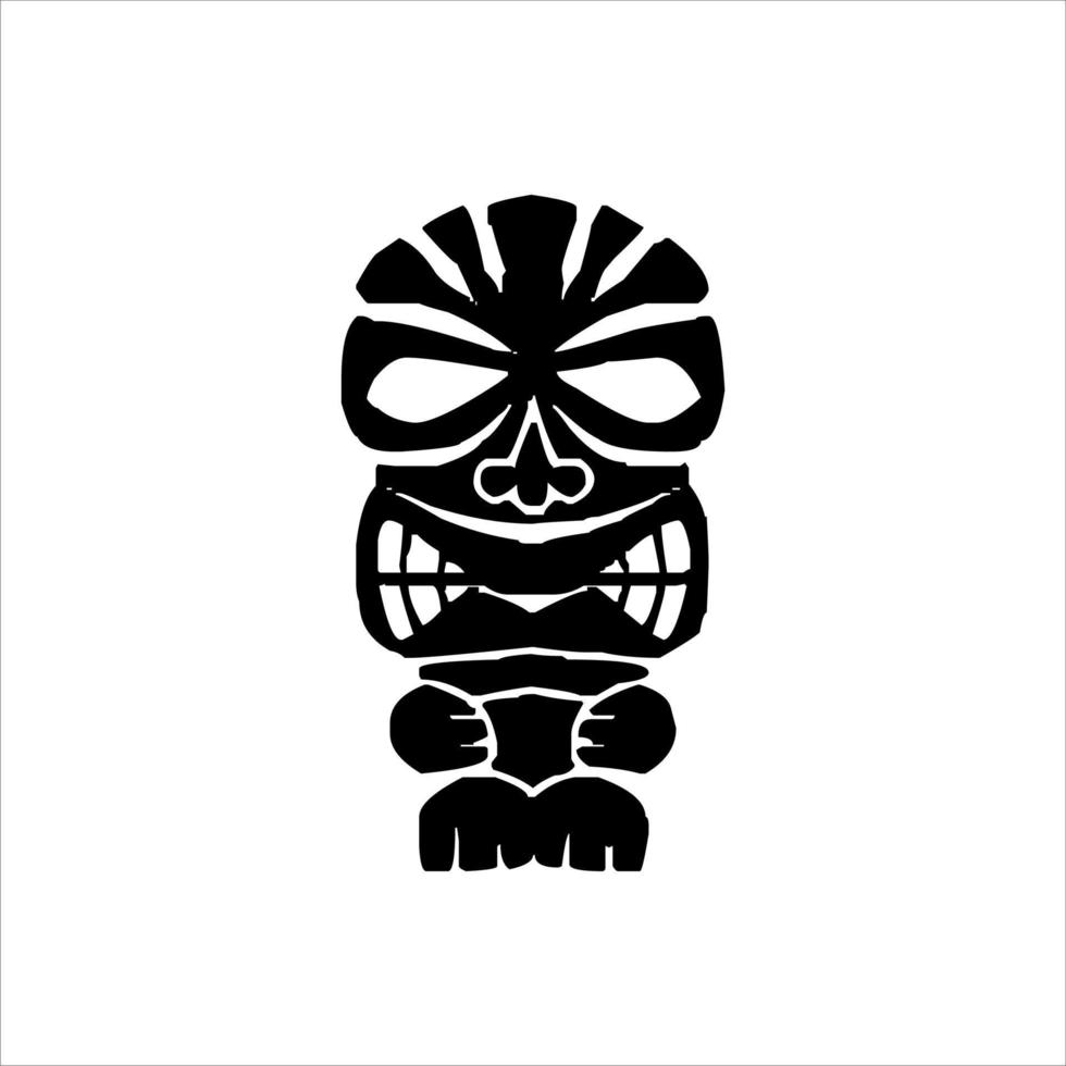 silueta del icono del ídolo tiki. ilustración simple de un ícono de ídolo tiki para diseño web aislado en un fondo blanco, máscara de madera tribal tiki, planta exótica tropical y tablero de bambú. Hawai tradicional vector