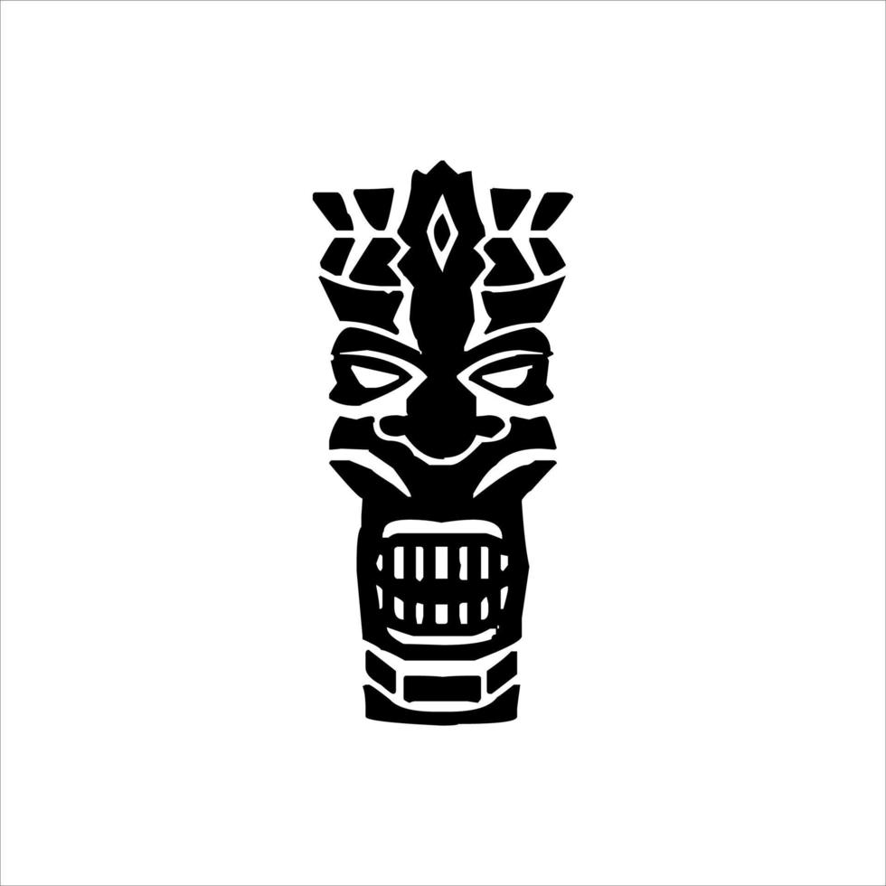 Silhouette of Tiki idol icon. Simple illustration of a tiki idol icon for web design isolated on a white background, Tiki tribal wooden mask, tropical exotic plant and bamboo board. Traditional Hawaii vector
