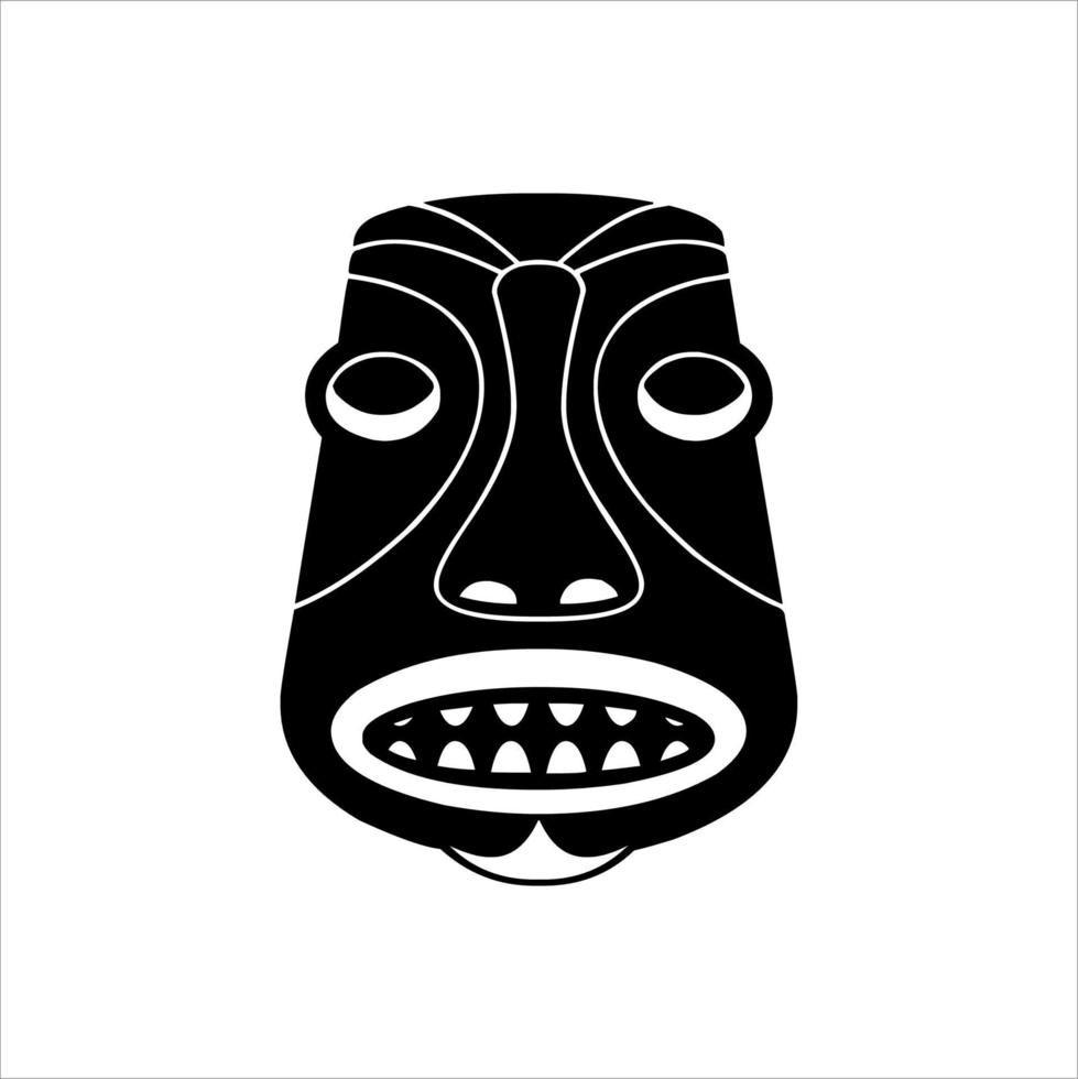 silueta del icono del ídolo tiki. ilustración simple de un ícono de ídolo tiki para diseño web aislado en un fondo blanco, máscara de madera tribal tiki, planta exótica tropical y tablero de bambú. Hawai tradicional vector