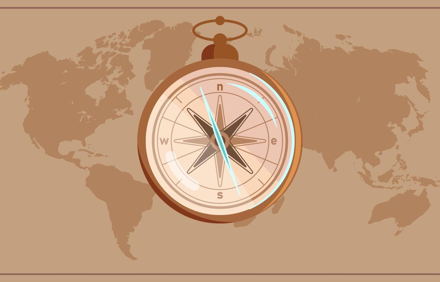 Isolated brown compass symbol flat style and with the image of the directions compass on world map background flat vector illustration.