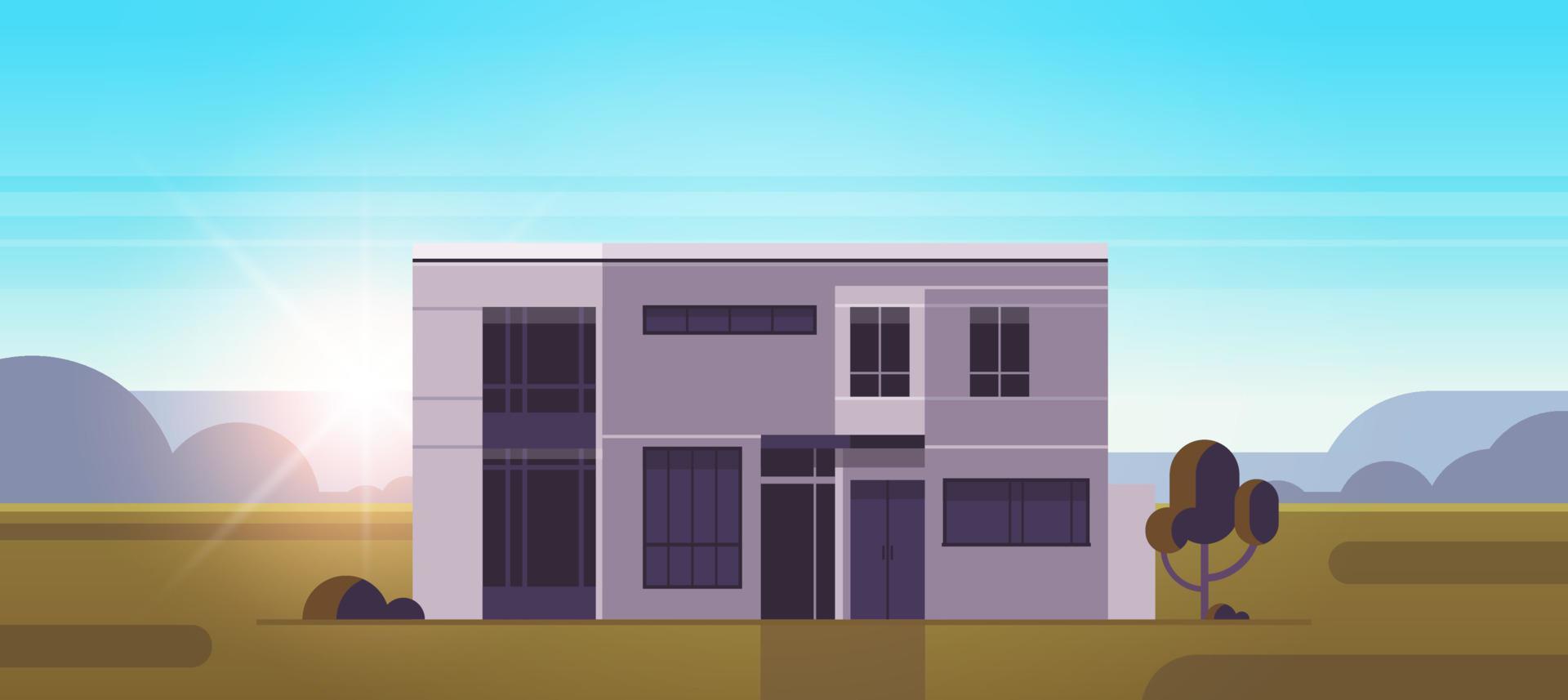 Modern house building exterior and urban building facade horizontal design plans flat vector illustration.