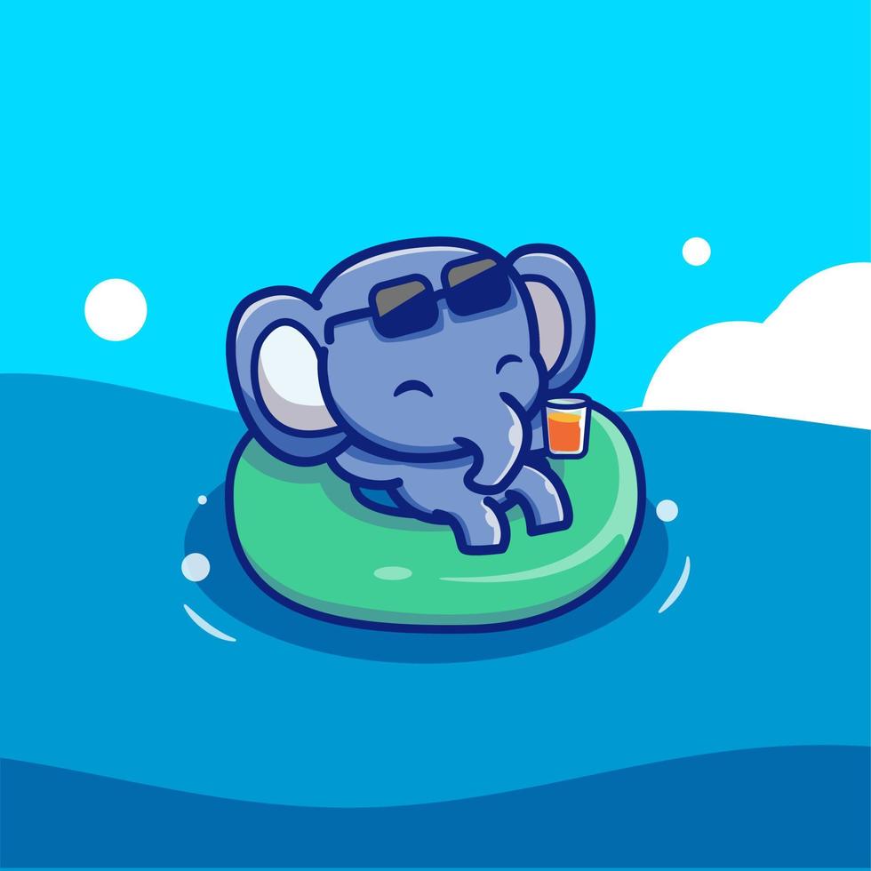 Cute Elephant Floating With Swimming Tires Cartoon Vector Icon Illustration. Animal Icon Concept Isolated Premium Vector. Flat Cartoon Style