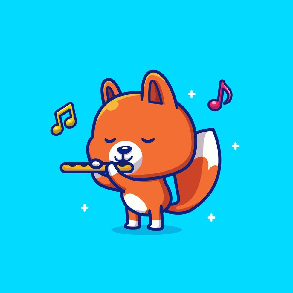 Cute Fox Playing Flute Music Cartoon Vector Icon Illustration. Animal Music Icon Concept Isolated Premium Vector. Flat Cartoon Style
