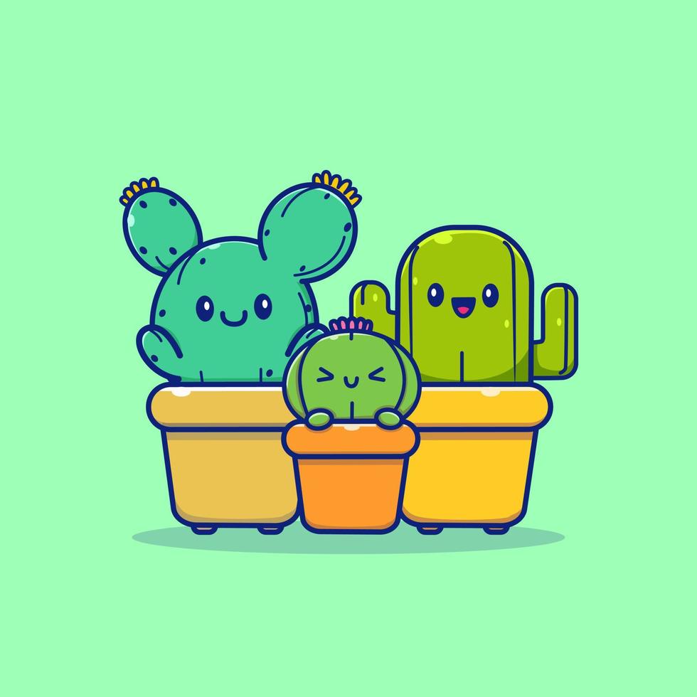 Happy Cactus Plant Family Cartoon Vector Icon Illustration. Plant Icon Concept Isolated Premium Vector. Flat Cartoon Style