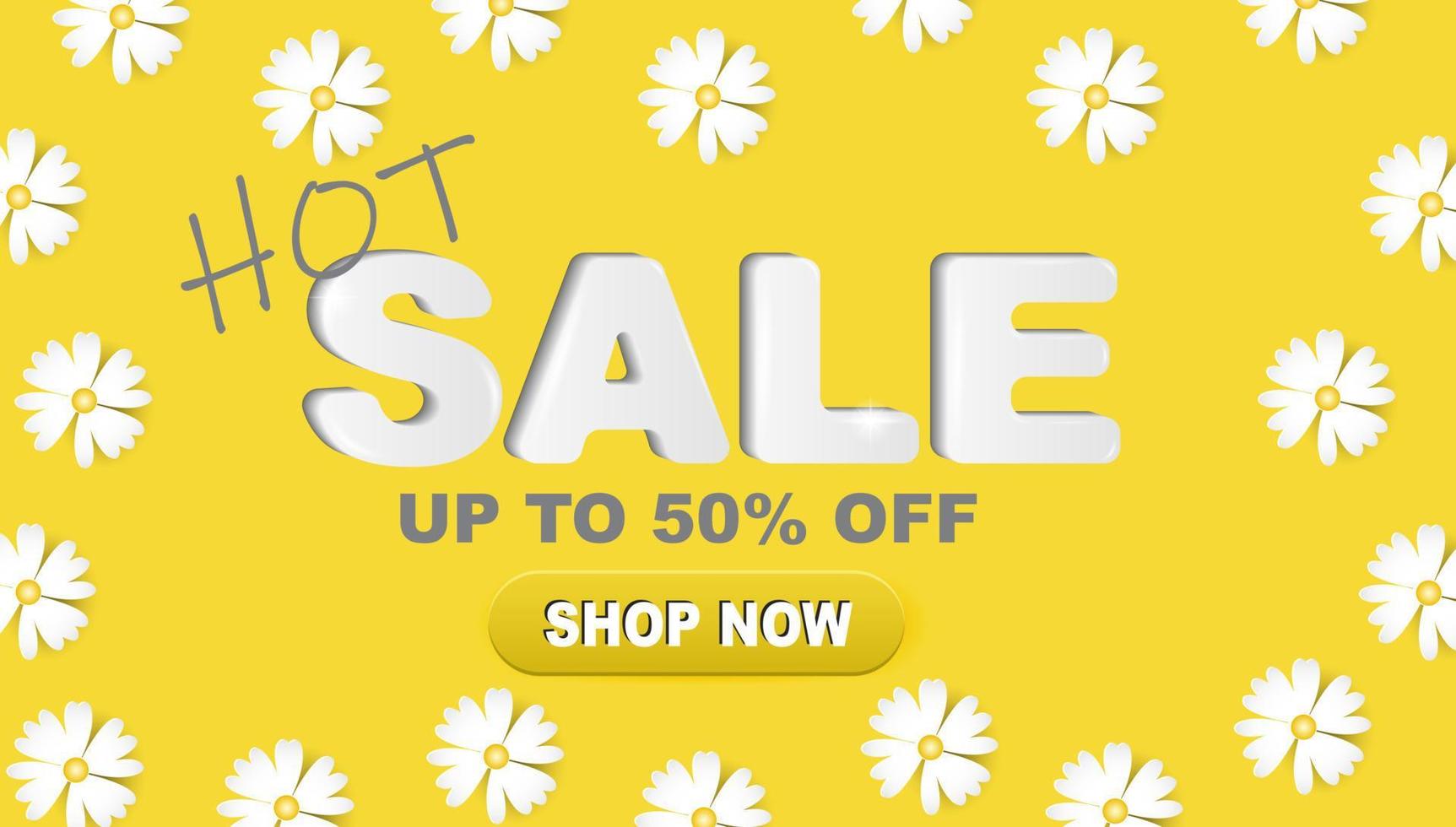 Hot sale banner. Special offer template. A discount. White paper daisies on a yellow background. 3d vector