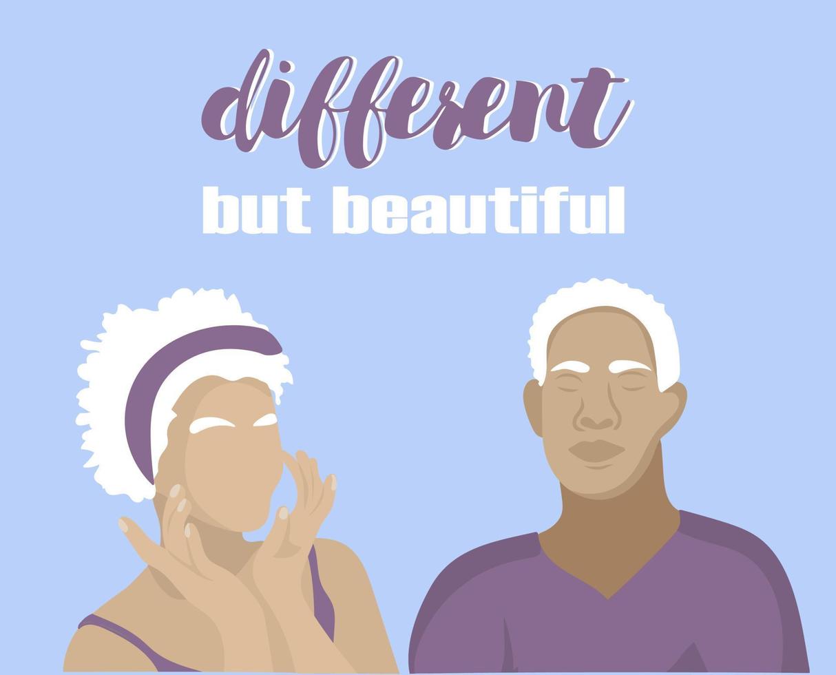 Man and woman with albinism. Body positive concept vector