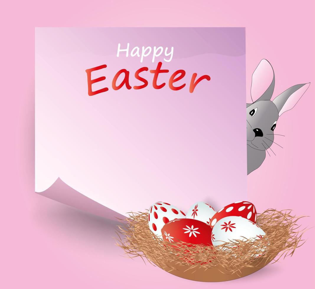Easter poster and banner template with easter bunny and nest with easter eggs on pink background. Place for your text. Vector illustration. Trendy design greeting card or invitation template