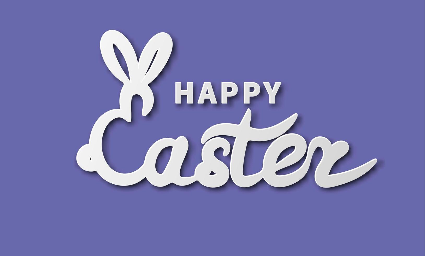 Happy Easter text with bunny ears in paper cut style. Design for holiday greeting card and invitation of the happy Easter day. Greeting card text template in trendy Very Peri color. vector