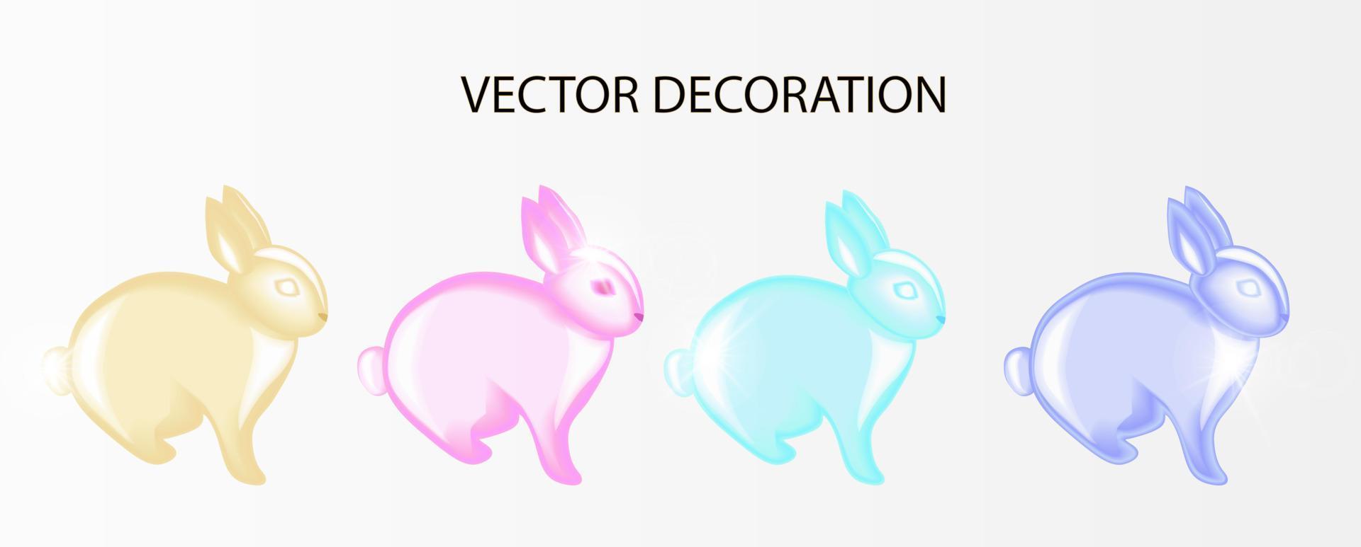 Glass multi-colored Easter bunnies. Celebrating Easter. Realistic 3D vector design elements.