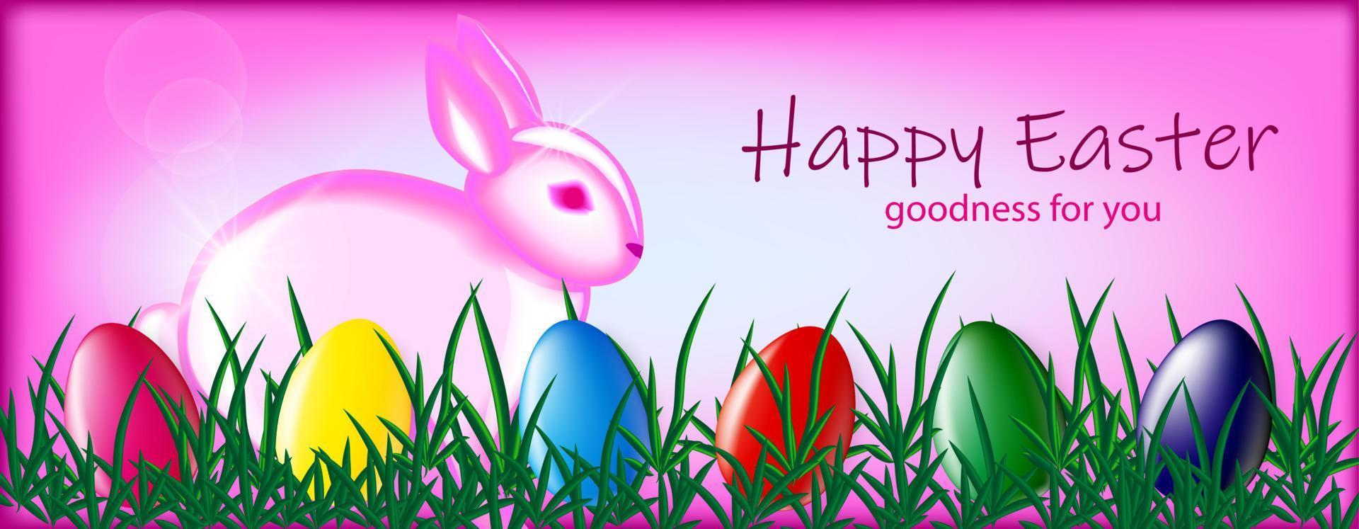 Pink Easter bunny and colorful eggs on a pink background. Easter poster and banner template. Realistic 3D vector illustration. Trendy design for greeting card or invitation