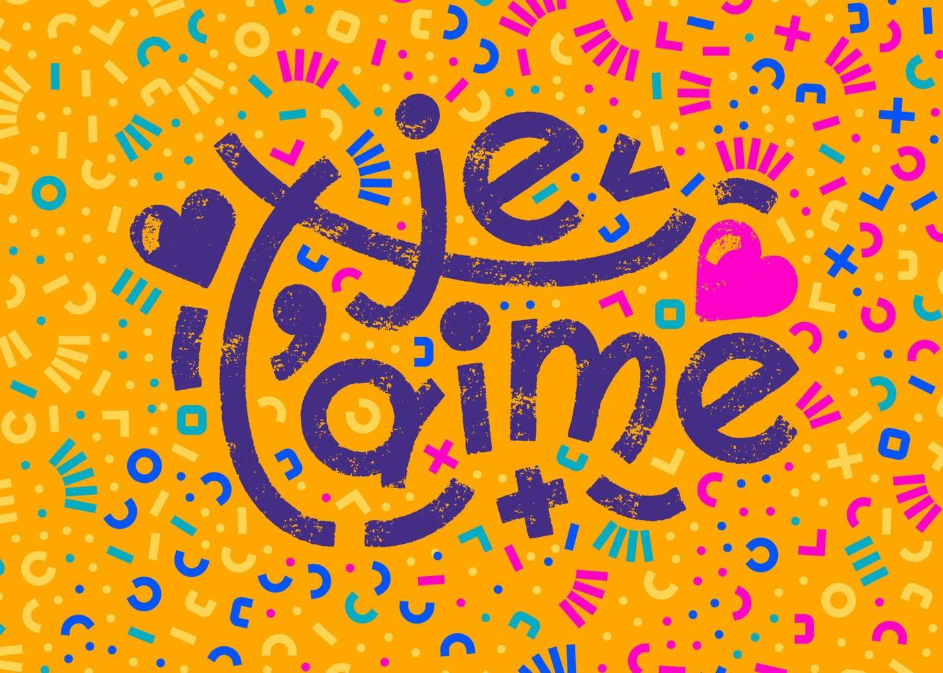 Je t aime french words that translate as I love you. Bold lettering greeting square card with modern geometric pattern. Vector bright modern lettering romantic modern card.