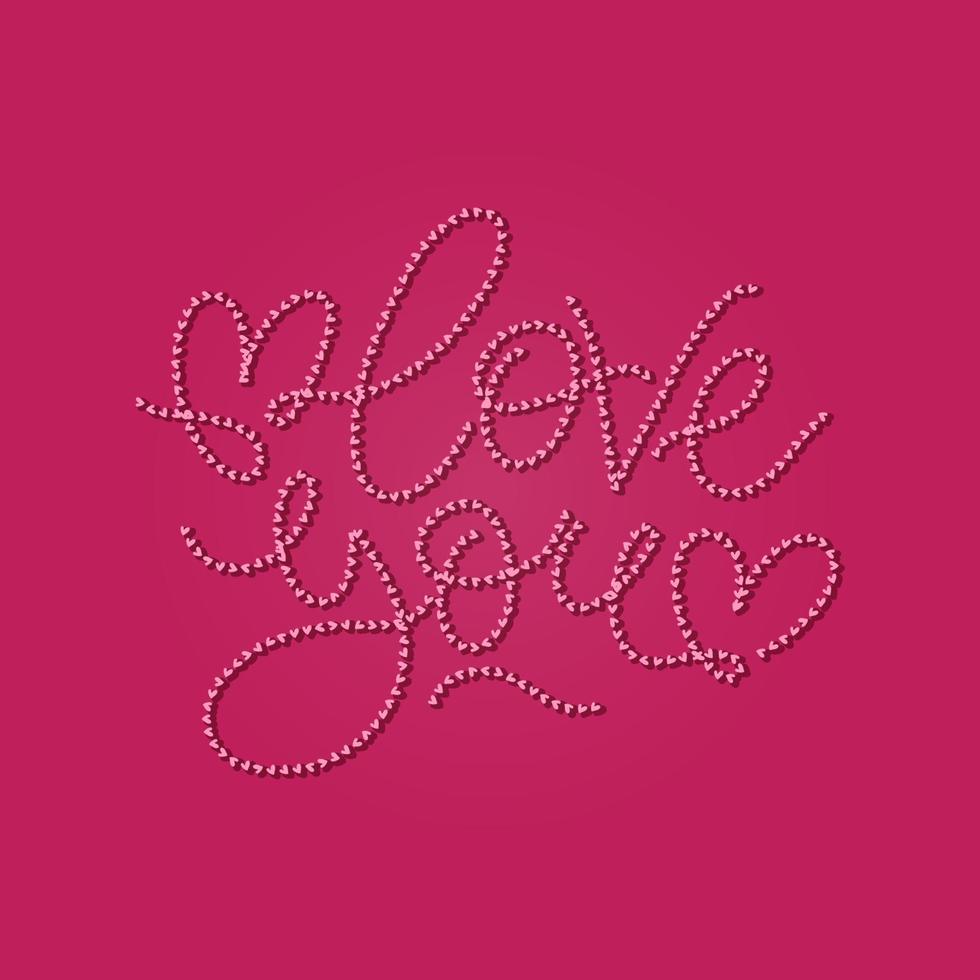 Vector lettering love you card magenta color. Love you words made of tine drawn hearts. Valentine's day greeting template.