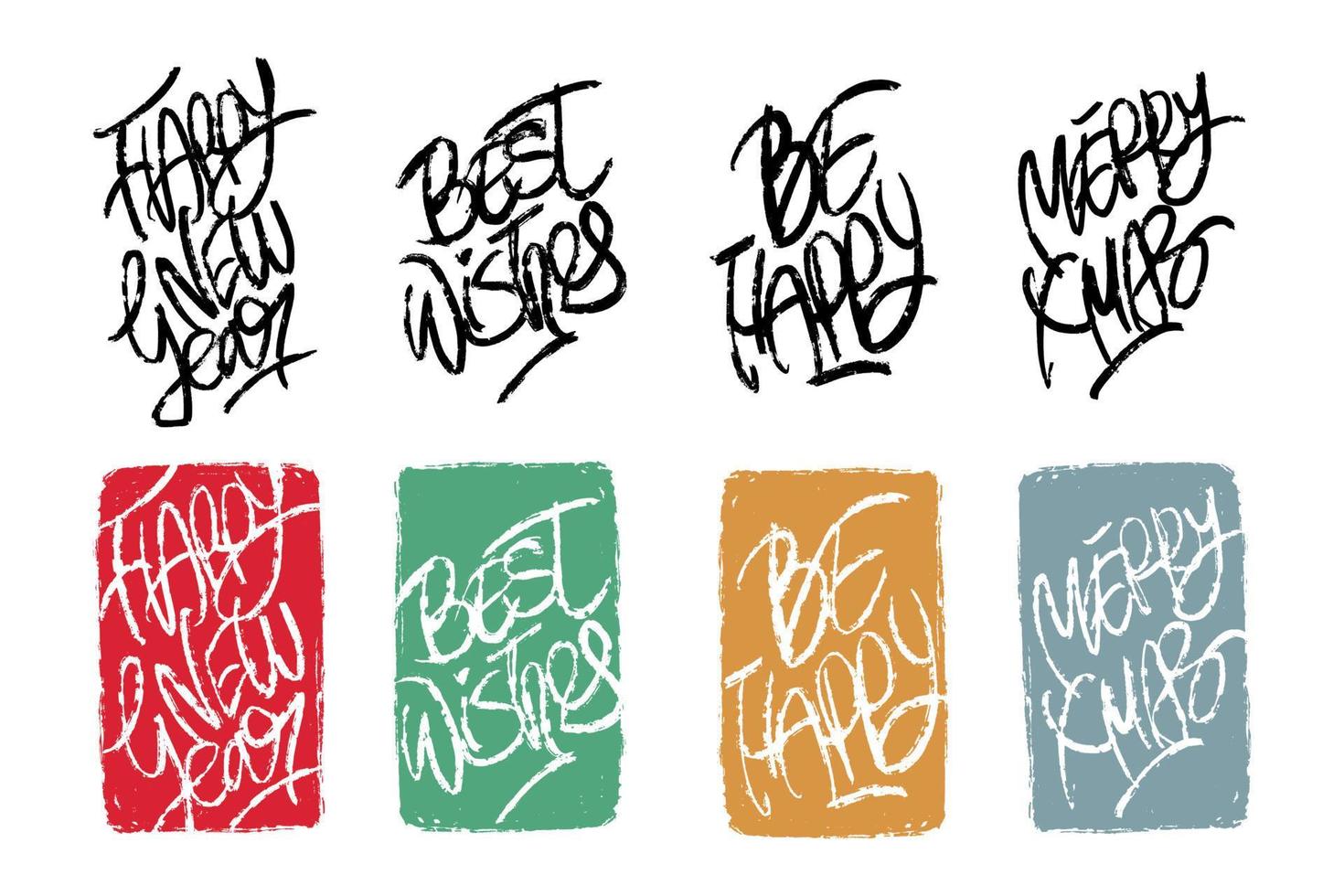 Happy New Year wishes set as stamps. Modern lettering greetings words best wishes, be happy, merry xmas and happy new year in graffiti style. Hand written grunge phrases for cards, banners, posters. vector