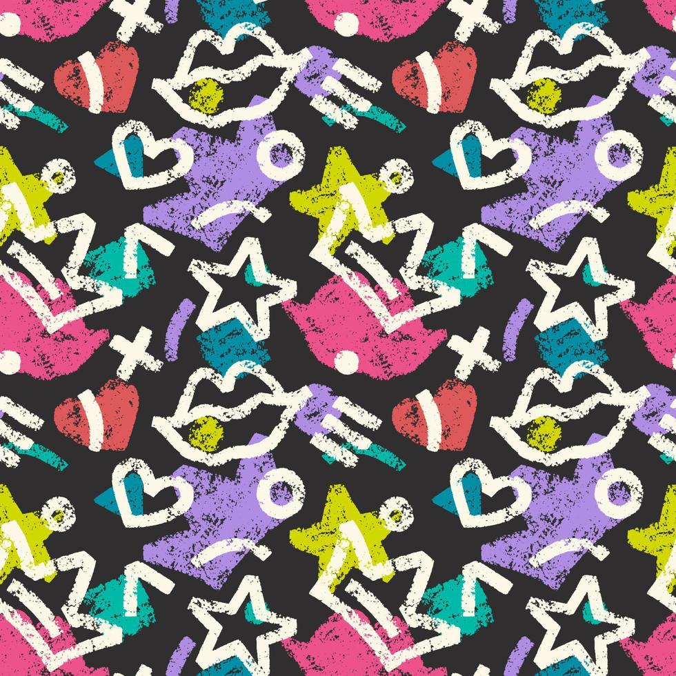 Vector seamless hand-drawn pattern with hearts, circles, stars, stripes, crowns and lips. Grunge shapes colorful backdrop. Bold bright background.