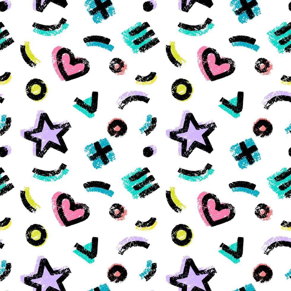 Vector seamless pattern with variou simple textured geometric shapes on white background. Seamless pattern can be used for textile, wallpaper, wrapping paper, web.
