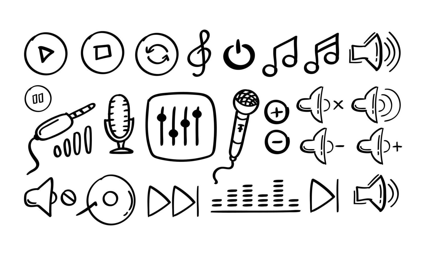 hand drawn music control and music related icon vector
