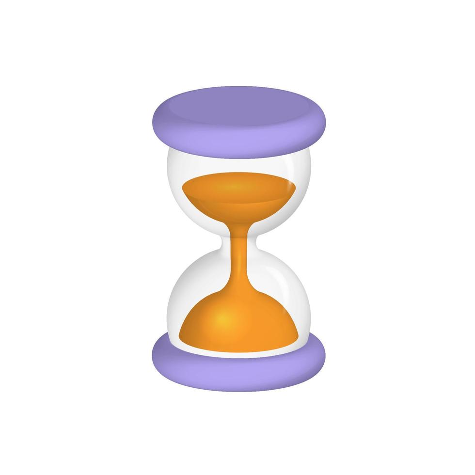 3D render Sand Clock, Time icon symbol. Lilac hourglass isolated on white background. Vintage sandglass with sand inside to measure time. Time management concept. Vector rendering illustration.