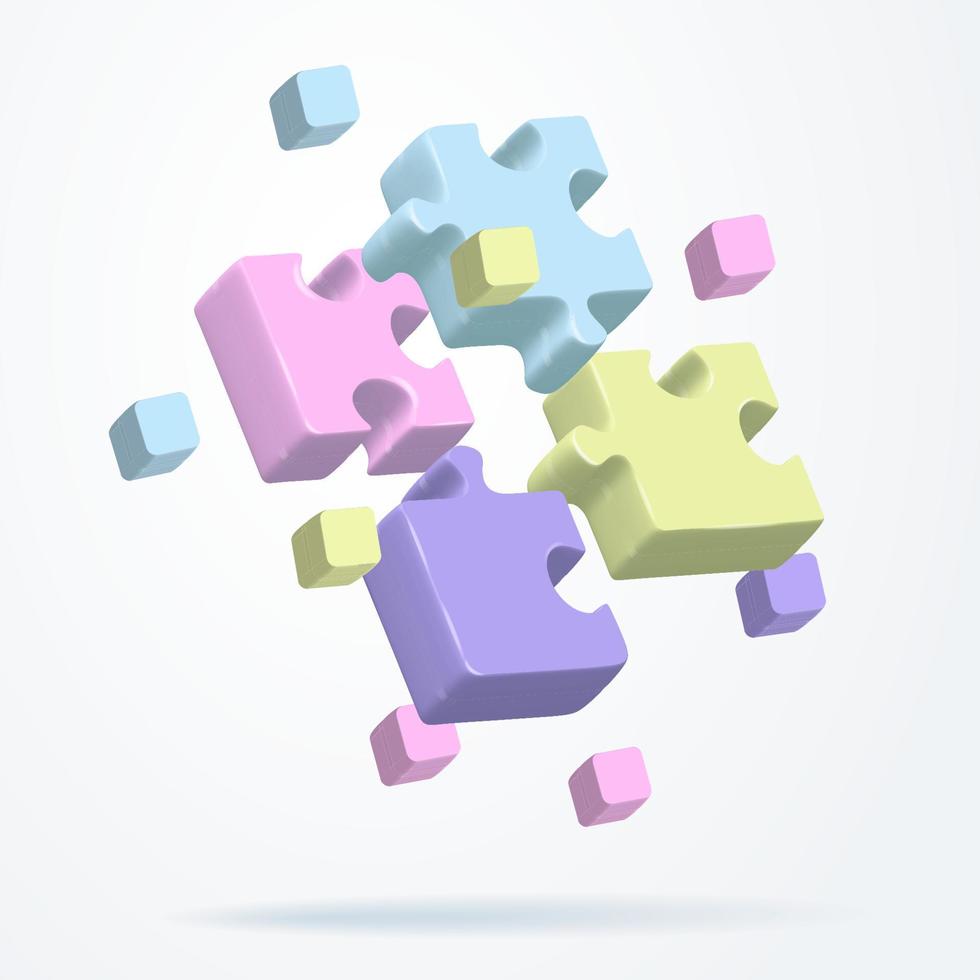 Jigsaw puzzle isplated concept. Tiling puzzle flying in the air. Colorful pastel Puzzles parts. 3d render object in plastic cartoon on a transparent background vector