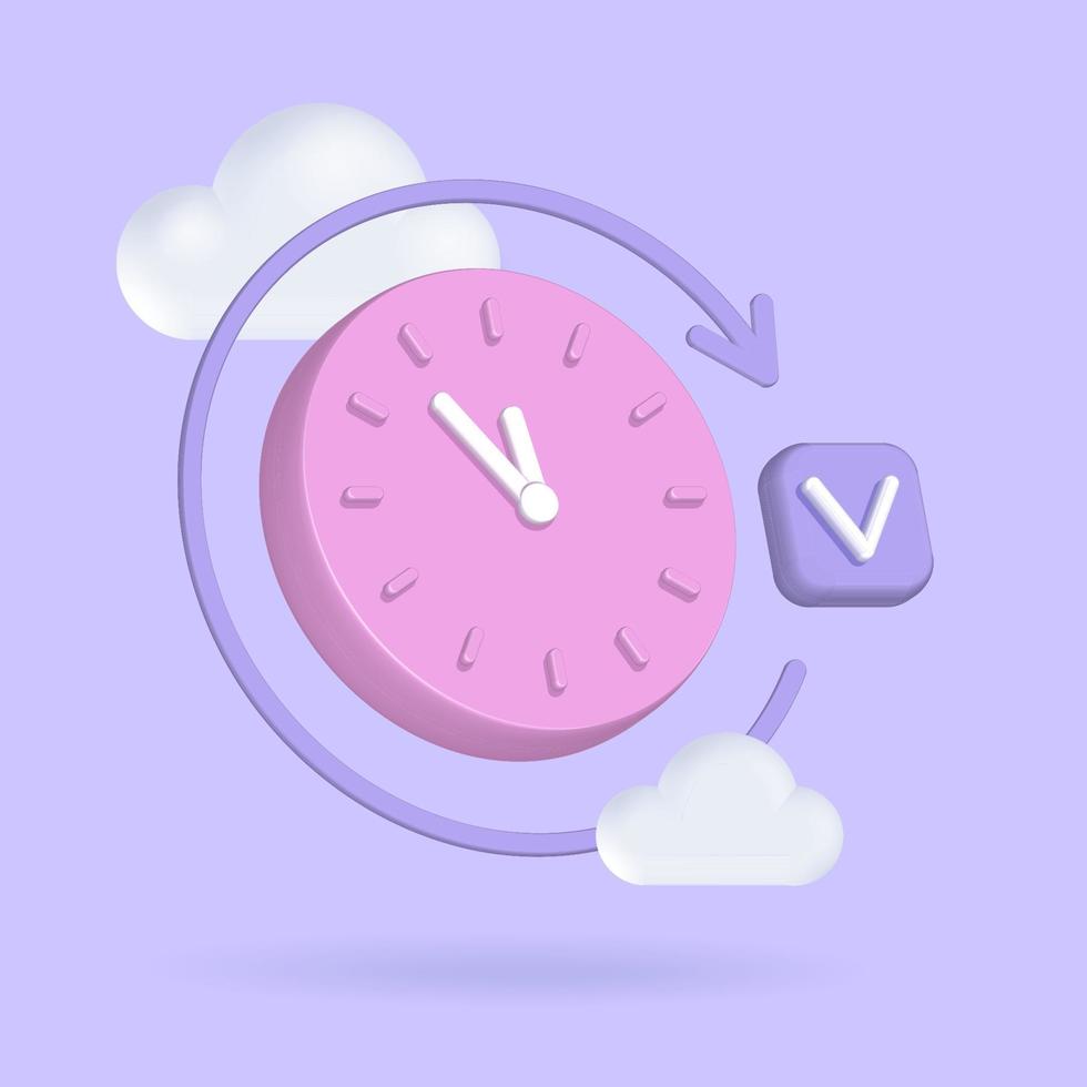 Time management concept. Deadline and quick response and feedback. Round clock in plastic cartoon style. Vector 3d render illustration with check mark, round arrow and clouds.