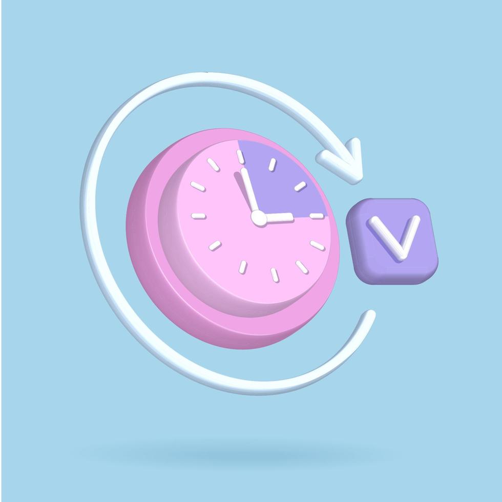 3d round clock icon for time deadline concept. 3d render time watch minimal for manage concept of time, service and support. Check mark and round arrow elements. Vector rendering illustration. 15 min