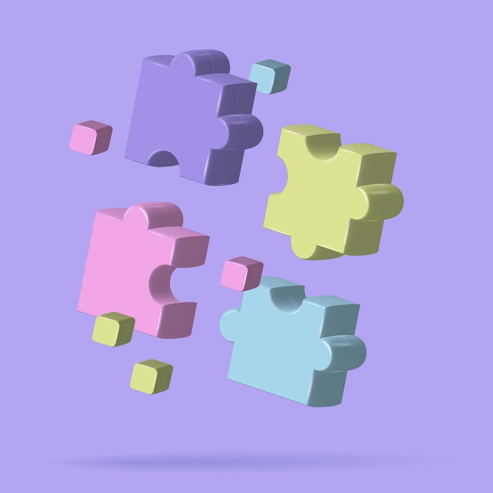 Puzzle jigsaw elements, incomplete data concept. Puzzle pieces icons flying. 3d render vector illustration.