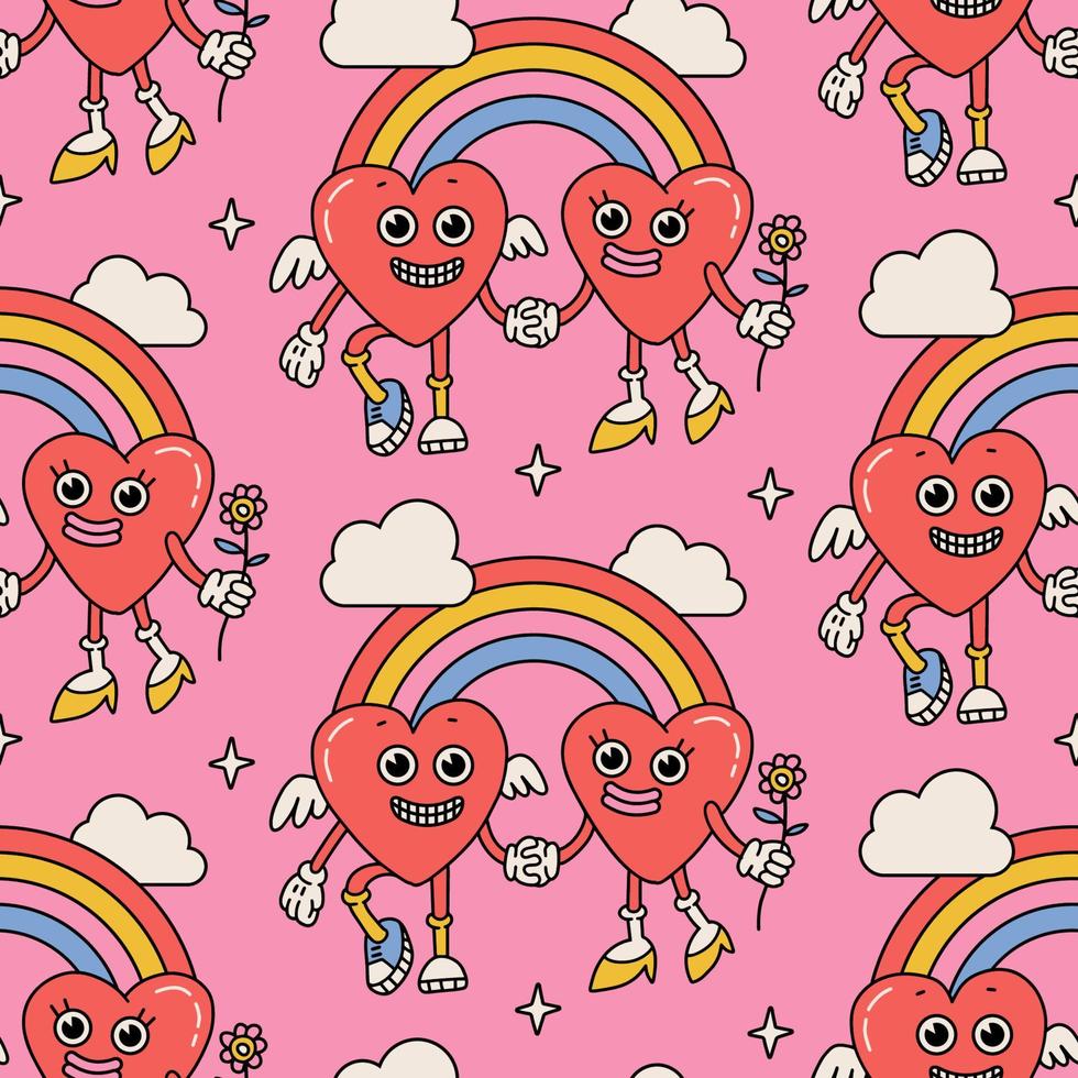 Groovy hippie día de san valentín de patrones sin fisuras con personajes de corazón de dibujos animados retro con arco iris y nubes sobre fondo rosa. estilo moderno y extraño de los años 70 y 90. pareja enamorada. ilustración de vector de arte de línea.