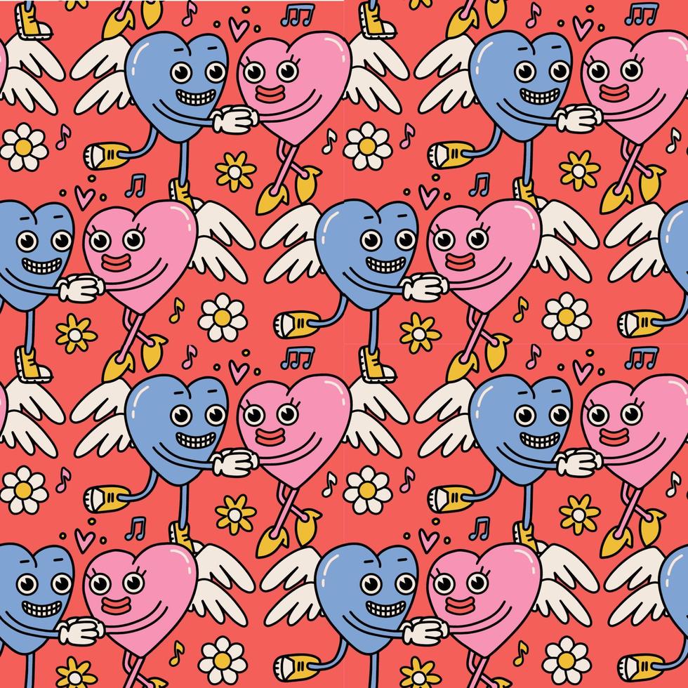 Groovy hippie Valentines Day seamless pattern with retro cartoon heart characters and flowers elements. Trendy weird 70s, 90s style. Winged mascots holding hands and dancing. Vector illustration.