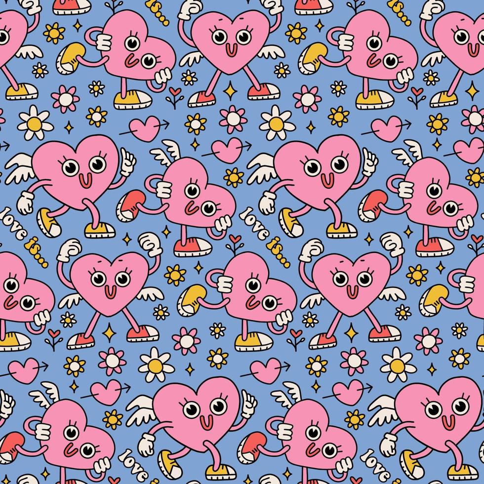 Y2k pink and blue Valentine s day semless pattern. Heart characters with floral hippie elements in trendy 90s style aesthetic. Valentine groovy conception. Stupid cupid. Line art vector in weird style