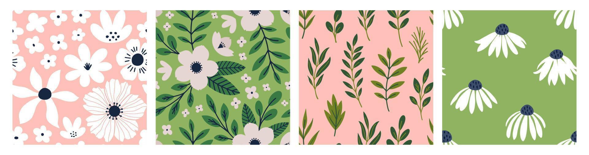 Aesthetic Contemporary printable seamless pattern with Spring botanical print design. Decorative chamomile, flowers and leaves. Pastel boho background in minimalist for fabric, wallpaper or wrapping. vector