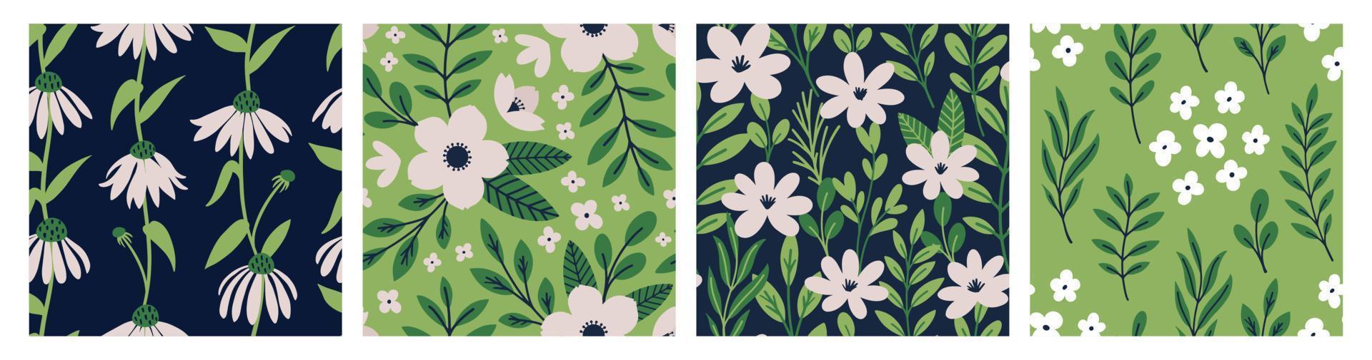 Aesthetic Contemporary printable seamless pattern with Spring botanical print design. Decorative chamomile, flowers and leaves. Pastel boho background in minimalist for fabric, wallpaper or wrapping. vector