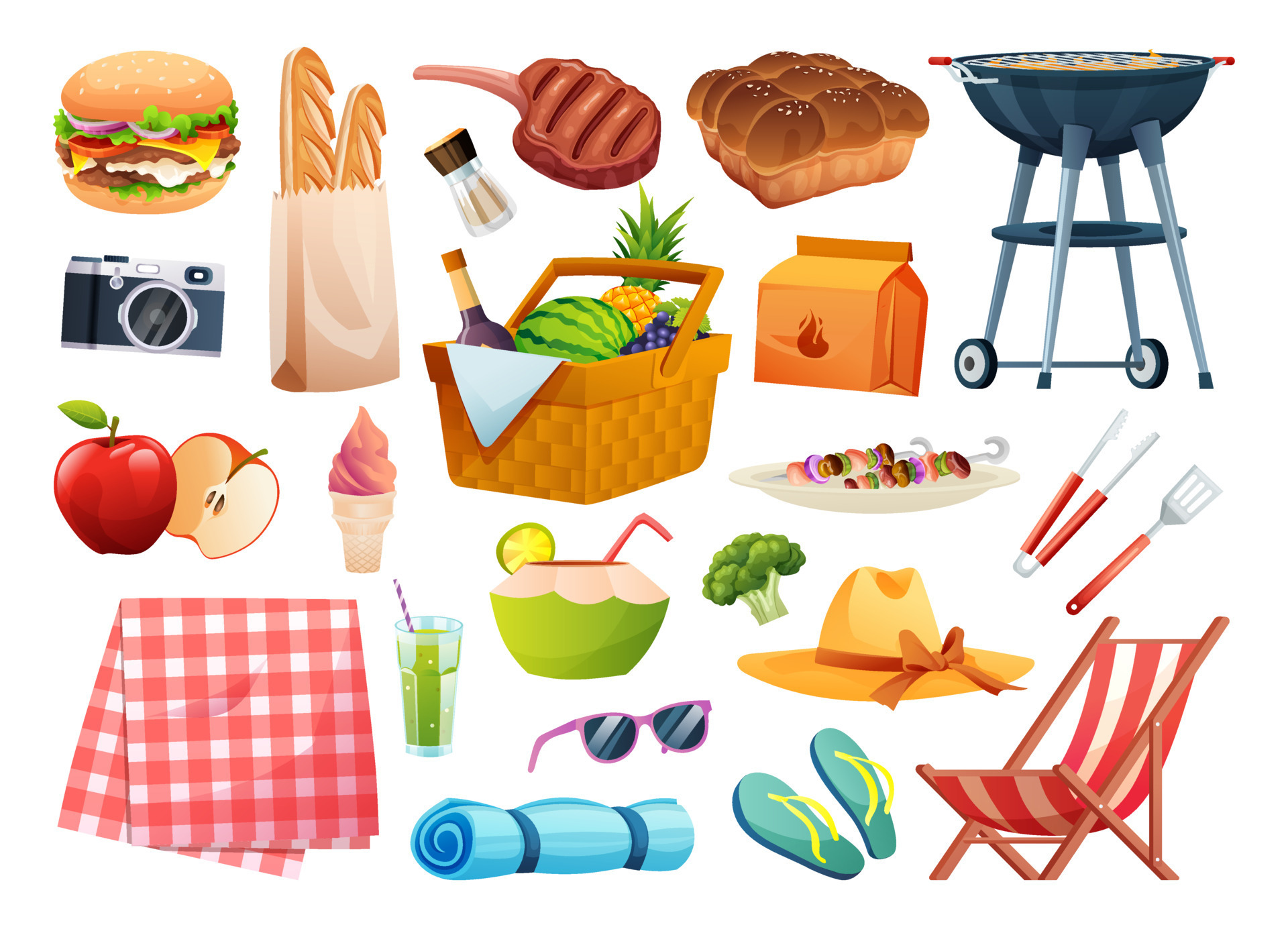 Set of picnic elements. Basket with food, beverage, fruits, grilling