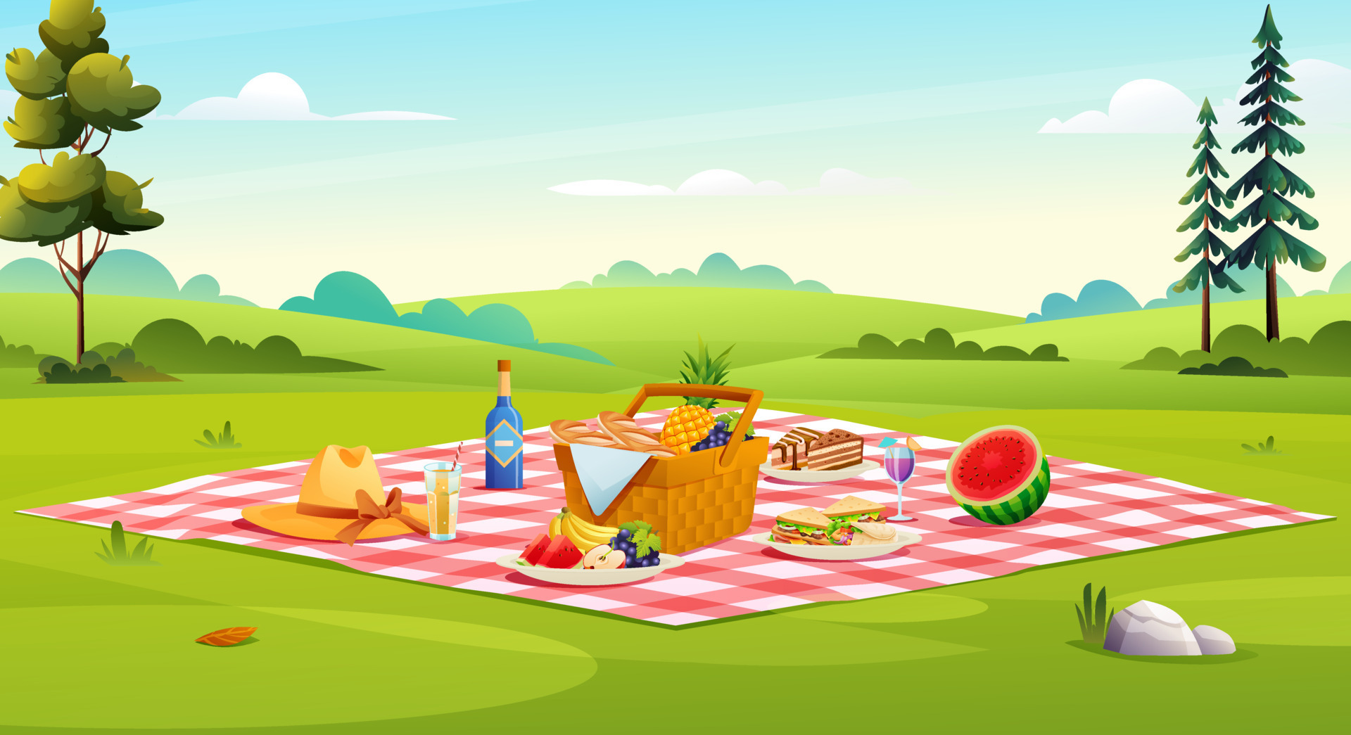 Picnic setup composed of basket with food, fruits, sandwiches, cupcakes