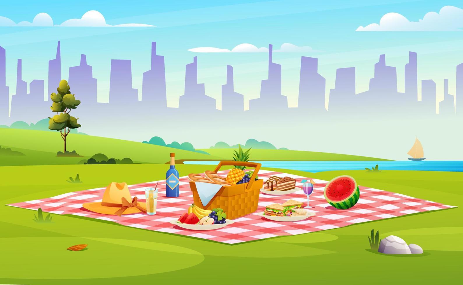 Picnic setup composed of basket with food, fruits, sandwiches in the park vector illustration