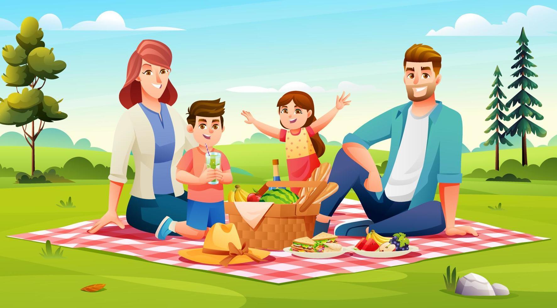 familia feliz haciendo un picnic en el parque. papá, mamá, hijo, hija están descansando juntos en la ilustración de vector de naturaleza