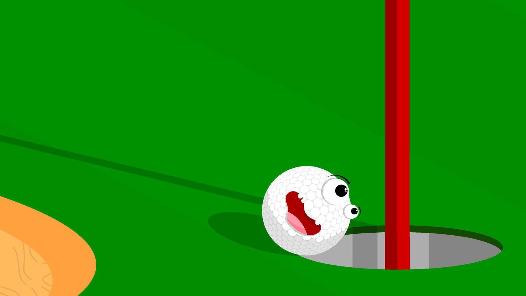 cheerful funny sports golf ball rolling in hole on green field. Golf hole on course marked with flag. Active lifestyle. Cartoon vector