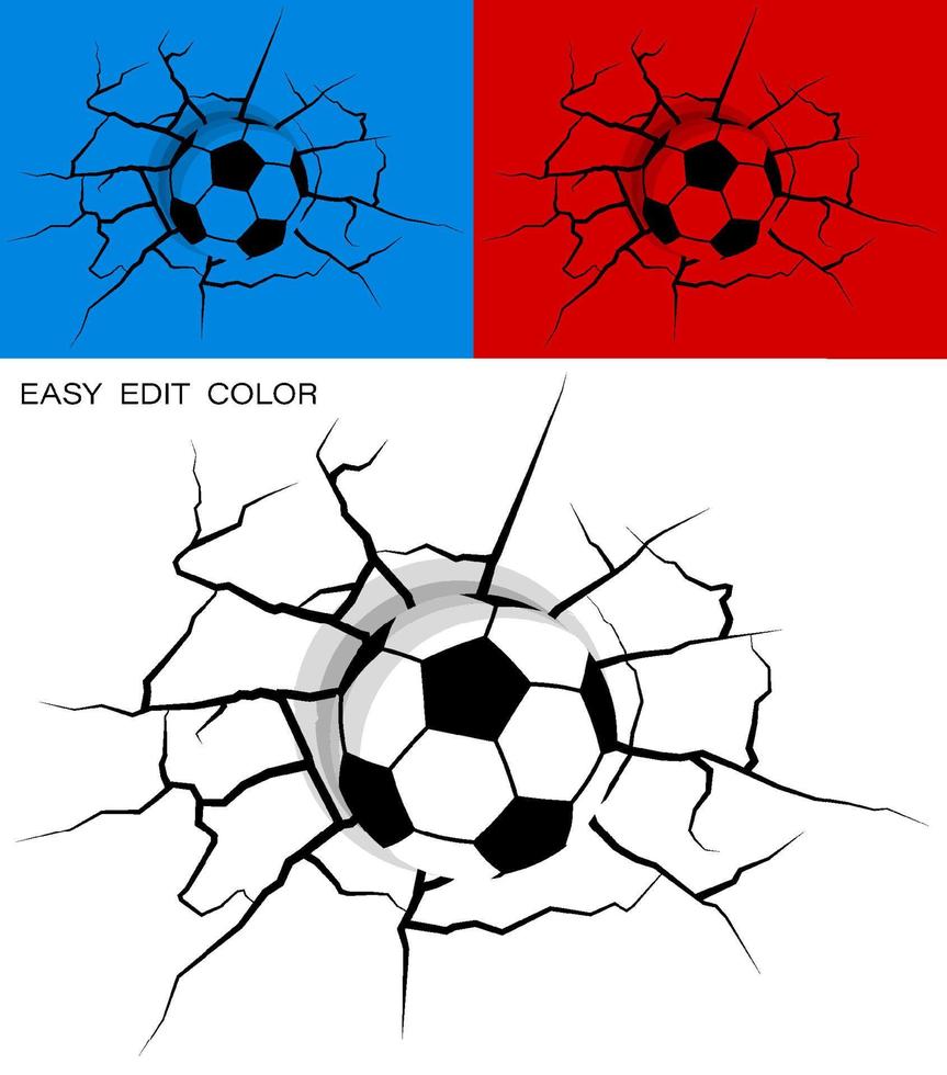 ball for soccer, classic football hit wall powerfully and damaged, cracks on wall. Sports design element. Active lifestyle. Vector on white or color background with cracks