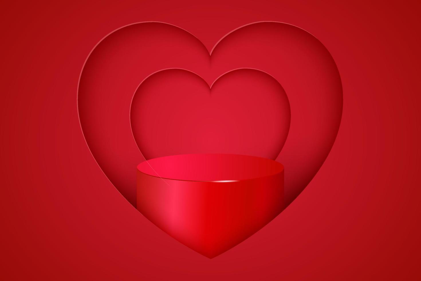 fondo de feliz día de san valentín con corazón de amor 3d realista y podio. diseño de fondo romántico. banner de vacaciones, póster web, volante, folleto elegante, tarjeta de felicitación, portada. ilustración de arte vectorial. vector