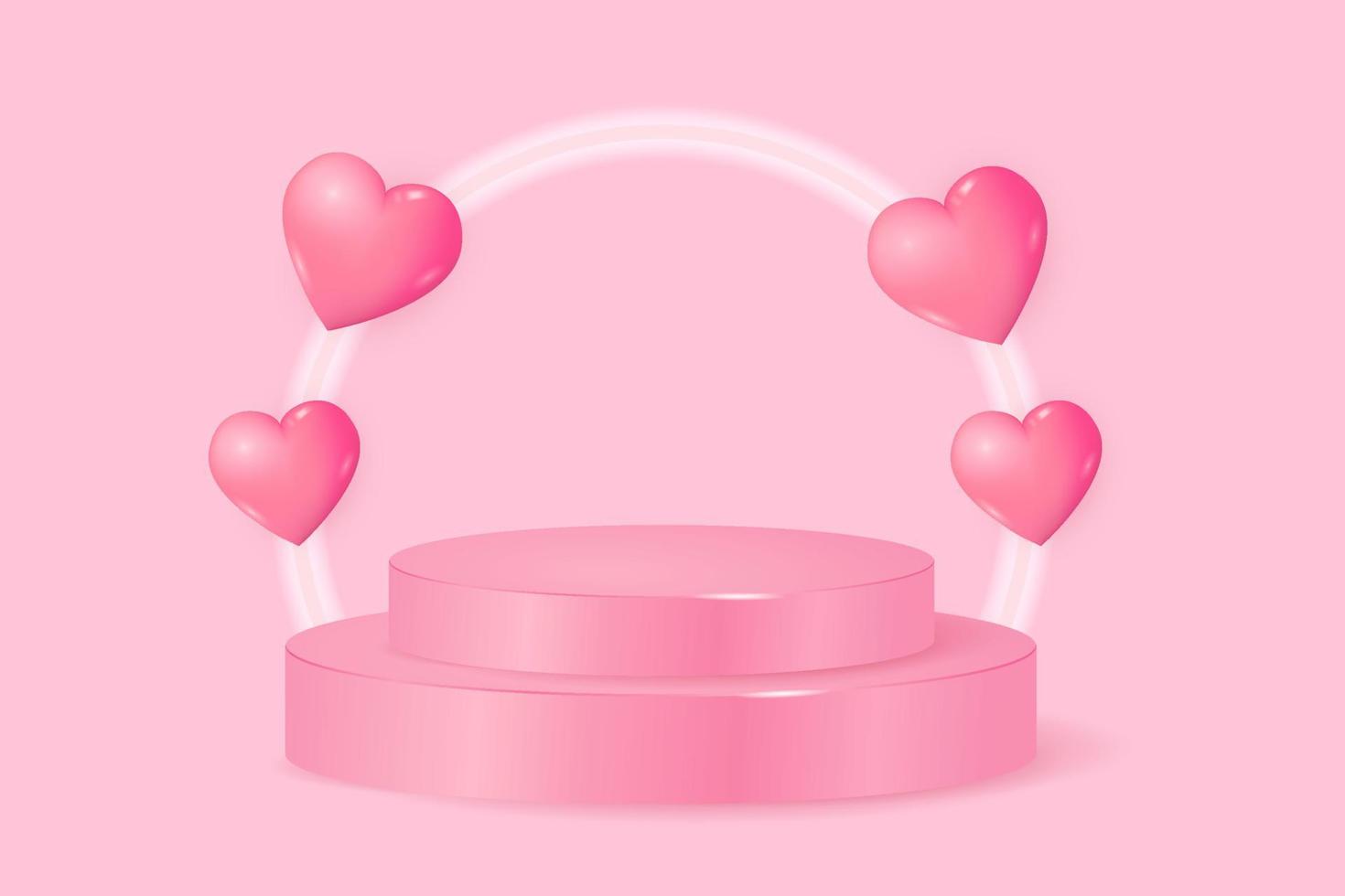 Happy Valentines day background with realistic 3D love heart and podium. Romantic background design. Holiday banner, web poster, flyer, stylish brochure, greeting card, cover. Vector art illustration.