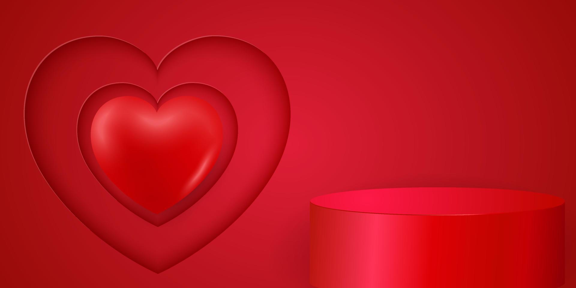 Happy Valentines day background with realistic 3D love heart and podium. Romantic background design. Holiday banner, web poster, flyer, stylish brochure, greeting card, cover. Vector art illustration.